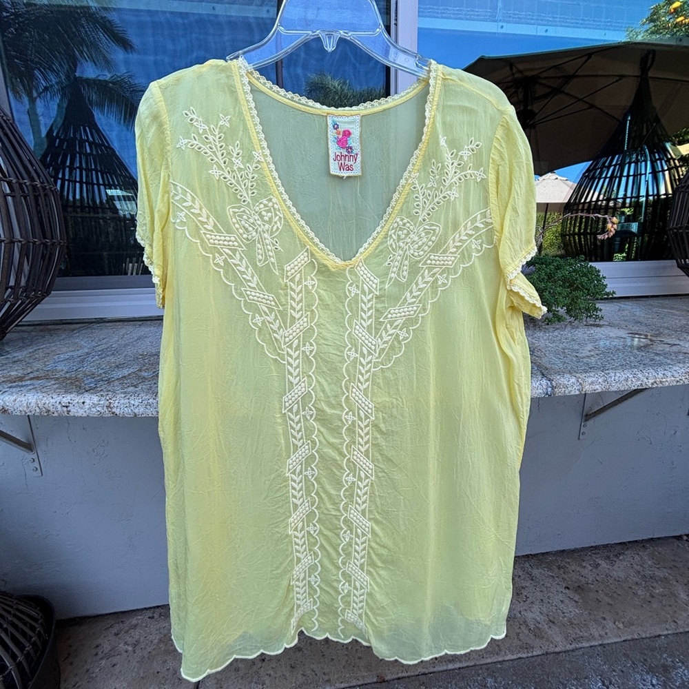 Johnny Was Yellow Embroidered Woven Tee